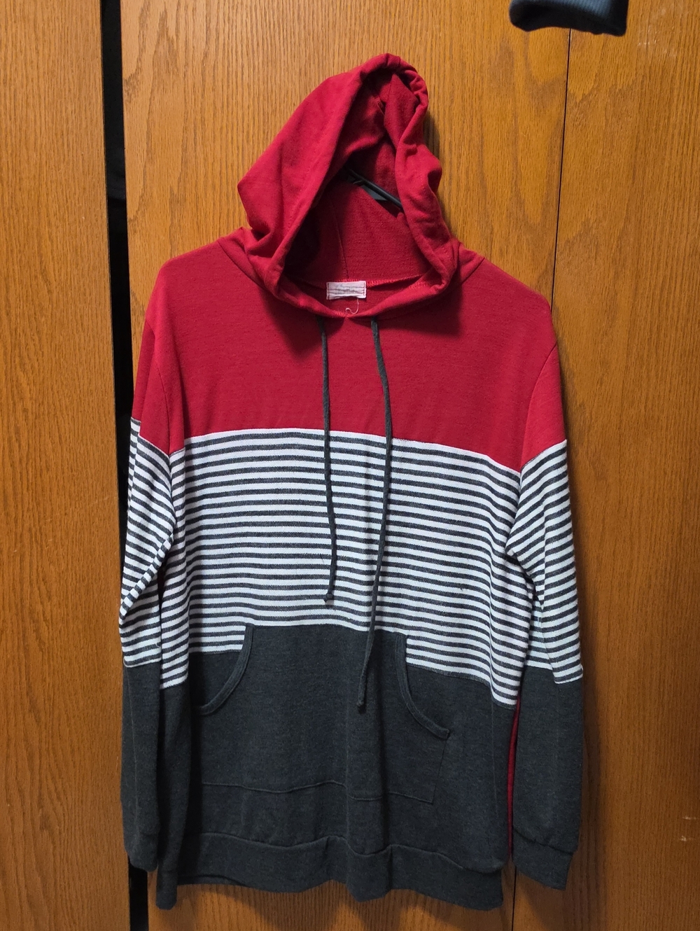 Color-Block Striped Hooded Pullover - Red, White & Gray